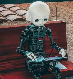 AI robot on a bench with laptop