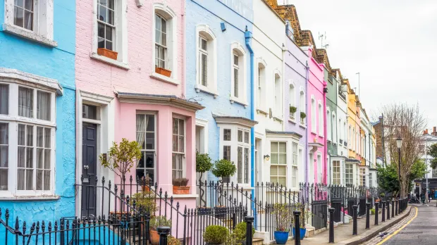 A row of multicoloured terraced houses