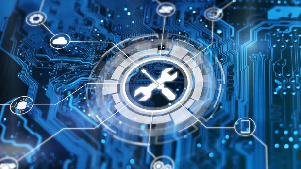 Blue Circuit board with cyber related icons overlaid