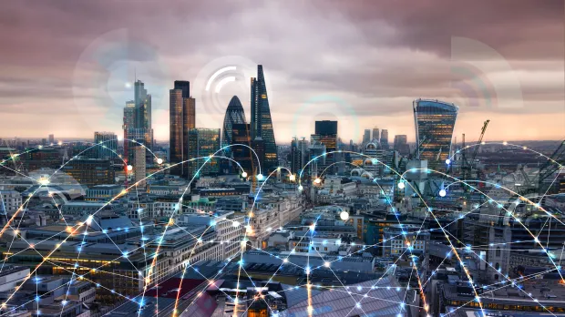 An image of London with cyber graphics overlayed