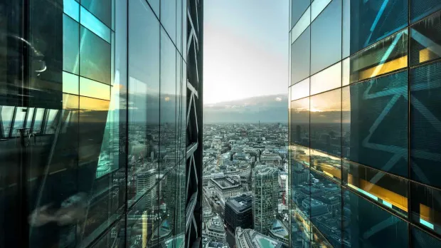 View between two tall office buildings in the City