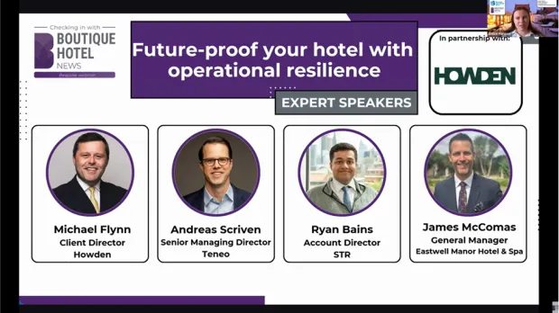 Screenshot of Webinar | Future-proof your hotel with operational resilience | In partnership with Boutique Hotel News (April 20, 2026) 