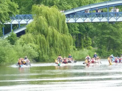 Lots of boats rowing under a bridge