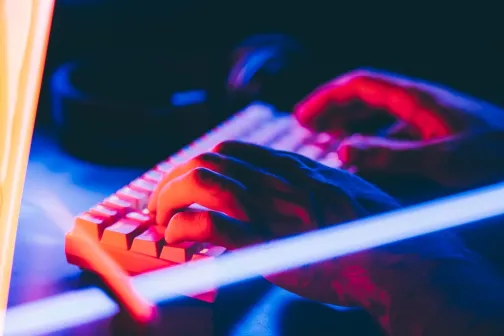 Hands typing on a white mechanical keyboard, illuminated by blue and pink neon lighting.