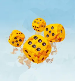 An illustration of four dice in motion, as through in mid-roll