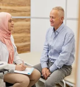 Female doctor with elderly male patient