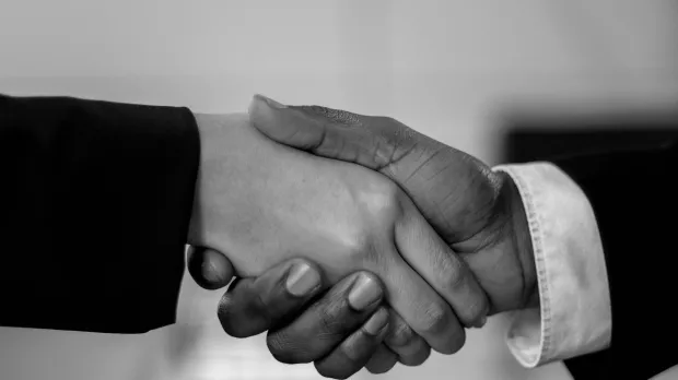Primer plano de un apretón de manos profesional en blanco y negro, simbolizando acuerdo y asociación.