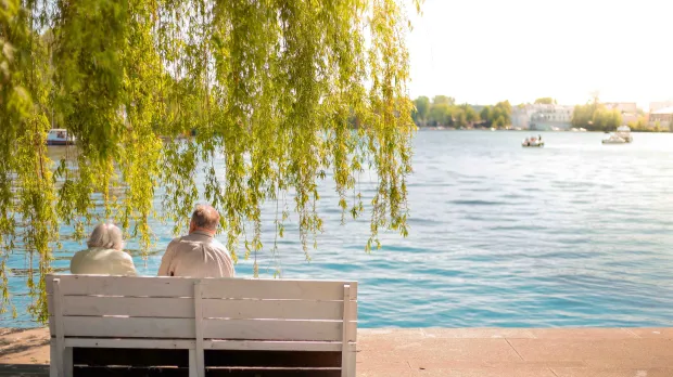 Escena serena de una pareja mayor sentada en un banco junto al lago bajo un sauce.