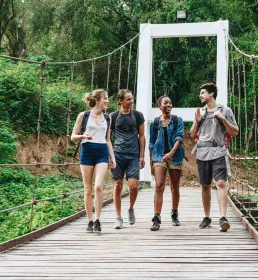 Four young professionals walking across a suspension bridge in a lush green forest, wearing backpacks and talking.