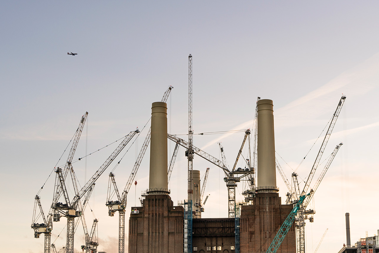 Battersea Power Station with cranes