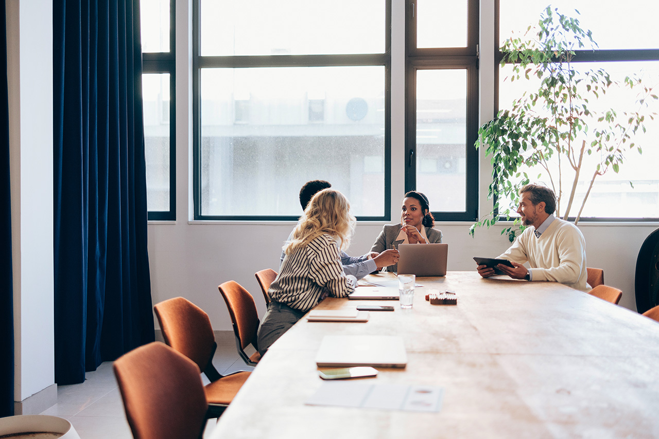 People in a meeting at a long table