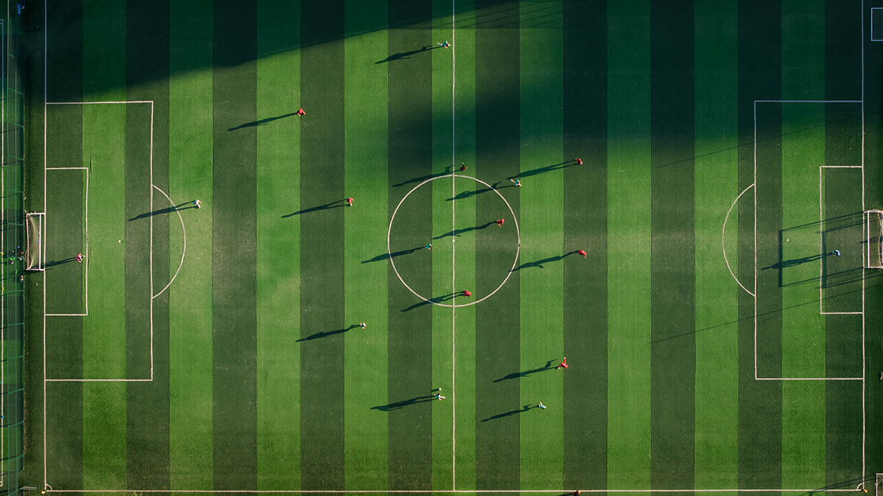 Top down view of a soccer pitch