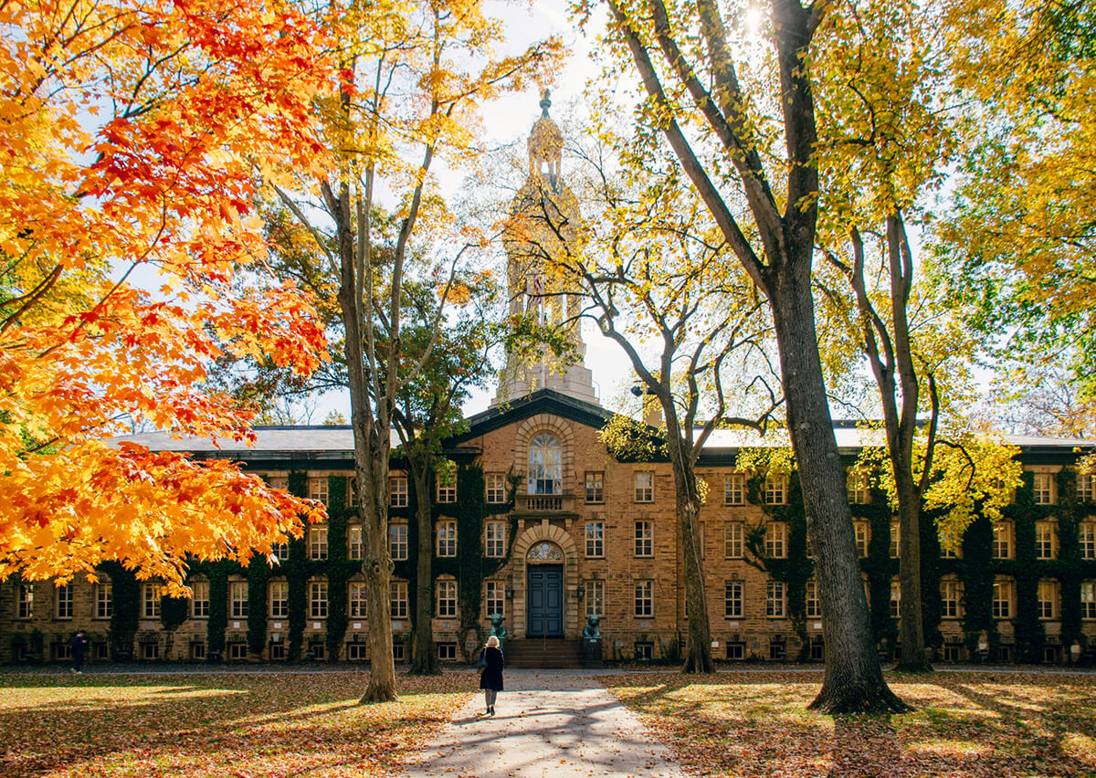 A person walks along a leaf-strewn path toward a large, historic stone building covered in ivy, surrounded by tall trees with vibrant autumn foliage in shades of yellow, orange, and red. Sunlight filters through the branches, casting a warm glow over the campus scene.