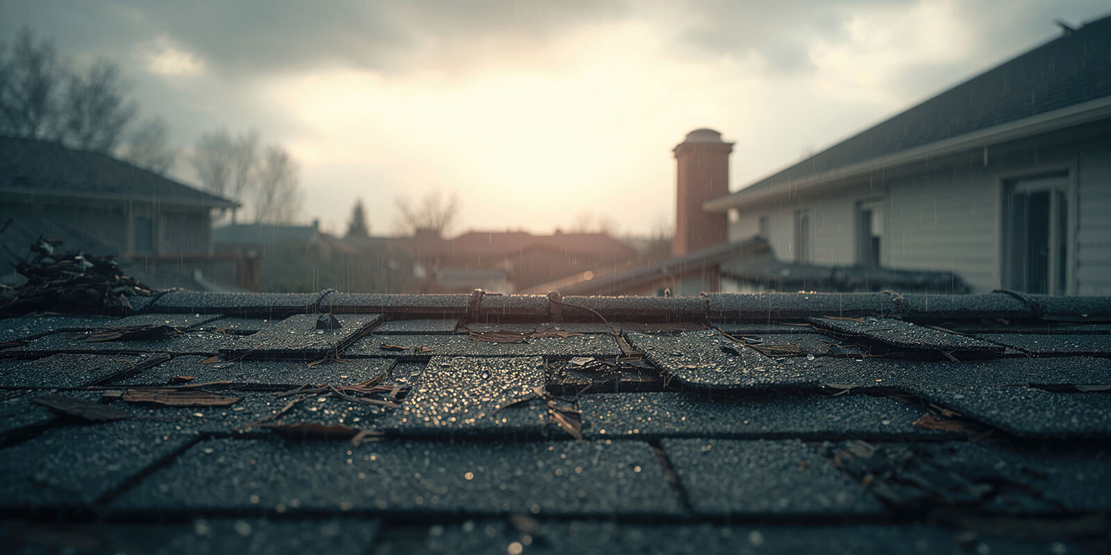 Rain-covered asphalt roof shingles on residential home during storm, showcasing roof weather damage, water exposure, and home maintenance concerns.