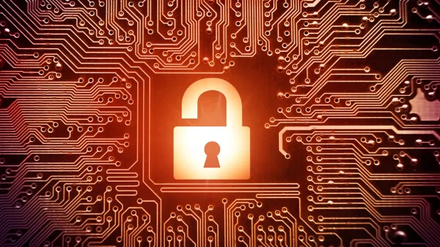 Hacked symbol on computer circuit board with open padlock
